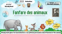 an animated poster with animals and other things in the background that are labeled as fanfare des animauxx