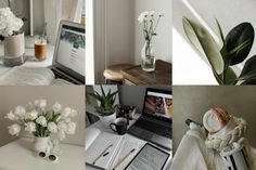 white flowers in vases, books and laptop on a desk with coffee cup next to it