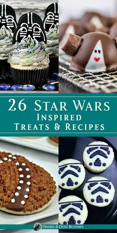 star wars inspired treats and desserts are featured in this collage with the words, 20 star wars inspired treats & recipes