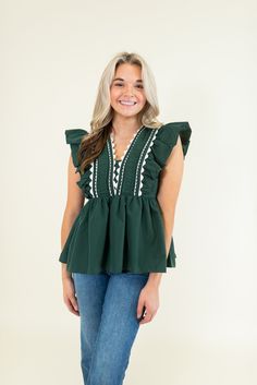 Scallop trim Zipper on side Ruffle sleeves Non-sheer 80% Polyester; 20% Cotton SIZES: SMALL MEDIUM LARGE Add a pop of color to your wardrobe with our Solid Ruffled Sleeve V-Neck Top! Featuring a playful forest green hue and flirty ruffled sleeves, this top effortlessly combines style and comfort. Perfect for any occasion, this top will become your new go-to piece! SIZE XS S M L XL 2XL 3XL FITS A SIZE 00-0 2-4 6-8 10-12 14-16 18-20 22-24 Platform Heels Boots, Sandal Platform, Scallop Trim, Blue And White Dress, Halloween News, Platform Sandals Heels, Ruffled Sleeves, Ruffle Sleeves, Dress Romper