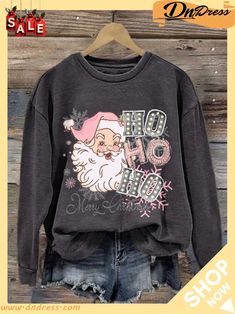 Pink Santa Ho Ho Ho Merry Christmas Print Sweatshirt Christmas Letter Print Loungewear Tops, Christmas Letter Print Tops For Loungewear, Casual Christmas Sweatshirt With Letter Print, Casual Holiday Sweatshirt With Graphic Print, Casual Graphic Print Sweatshirt For Holiday, Casual Graphic Print Holiday Sweatshirt, Funny Christmas Sweatshirts, Santa Ho Ho Ho, Pink Santa