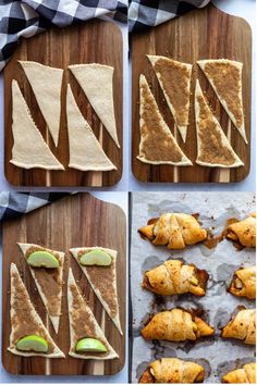 four pictures showing different stages of making tortilla wraps with avocado slices