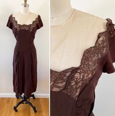 Gorgeous brown dress with mesh/illusion neckline and lace detail. Ruching at the waist makes this so flattering. Metal zipper up the back with keyhole opening at the neck with hook-and-eye closure.  DETAILS Best fits: Medium (check measurements below for exact sizing and compare to a dress you own to ensure proper fit) Condition: Great vintage. Armpits show slight discoloration. Some small pulls in the fabric.  Label: None--I think this was homemade Size on tag: none Material: Feels like crepe, plus lace and mesh MEASUREMENTS Taken from seam to seam while the garment is lying flat. Double the armpit/hole, waist, and hips. Length: 46" Bust (armpit to armpit): 18"  Waist: 14" Hips: 19" Arm hole: 7" Thanks so much for looking! I'm always happy to chat if you have questions. Dress With Ruching, Short Sleeved Dress, Illusion Dress, Illusion Neckline, Hook And Eye, Sleeved Dress, Dress With Lace, Brown Dress, Metal Zipper