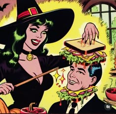 an old comic book cover with a witch and a man