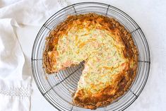 a pie sitting on top of a wire rack