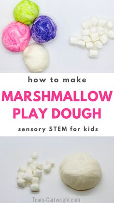 Text: How To Make Marshmallow Play Dough Sensory STEM for Kids. Top Picture: Mini marshmallows and balls of green, pink, purple, and white marshmallow playdough.  Bottom picture: pile of mini marshmallows and big ball of edible white playdough. Marshmallow Playdough Recipes, Edible Marshmallow Playdough, Crafts With Marshmallows For Kids, Marshmallow Sensory Play, Food Play Occupational Therapy, Marshmallow Stem Activities, Marshmallow Uses, Food Themed Activities For Kids, Marshmallow Activities For Kids