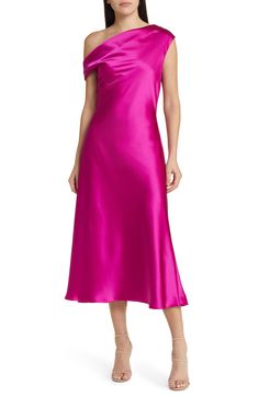 Amsale One-Shoulder Satin Midi Dress in Fuchsia at Nordstrom, Size 8