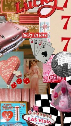 a collage of various items including a pink car, casino chips, cards and a mirror