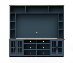 an entertainment center with shelves and drawers on each side, one shelf is open to the other