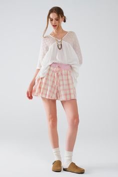 Step into casual chic with these Pink Checkered Print Shorts, designed for comfort and style. Made from 100% cotton, these shorts are perfect for any casual outing, offering a breathable and soft feel that ensures all-day comfort.  Featuring a high waist, these shorts provide a flattering silhouette by cinching at the waist, enhancing your natural curves. The tight-fitting waist detail ensures a snug and secure fit, while the elastic waistband adds an element of stretch for added comfort. The relaxed fit and straight cut offer a laid-back yet stylish look, making these shorts a versatile addition to your summer wardrobe.  The playful pink checkered print adds a fun and vibrant touch, perfect for pairing with a simple top or tank for a casual, yet put-together outfit. With a regular fit, th Tan Scarf, Pink Checkered, Checkered Print, Scarf Headband, Print Shorts, Romper Pants, Sweater Coats, Hat Hairstyles, Playsuit Jumpsuit