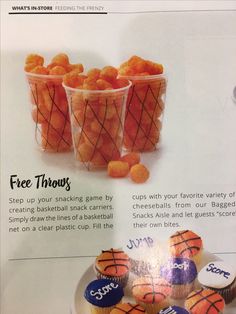 an advertisement for basketball balls and cupcakes on a plate