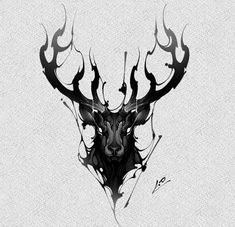 a black and white drawing of a deer's head with antlers on it