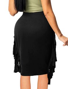 Black Solid Color Tasseled Skirt Black Casual Bottoms With Tassels, Spring Black Bottoms With Tassels, Casual Black Bottoms With Tassels, Black Tasseled Skirt For Spring, Black Fringe Skirt For Spring, Black Fringe Mini Skirt, Black Tassel Skirt, Black Fringe Skirt, Black Solid Color