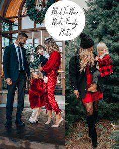 a family standing in front of a christmas tree with the words what to wear winter fancy plus