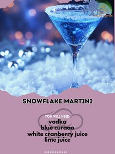 🍸✨ Embrace the winter vibes with a refreshing Snowflake Martini - a dazzling cocktail to brighten your day! ❄️🍸 Snowflake Martini Ingredients: - 2 oz vodka - 1 oz blue curaçao - 1/2 oz white cranberry juice - 1/2 oz lime juice - Ice Instructions: 1. Fill a shaker with ice. 2. Add vodka, blue curaçao, white cranberry juice, and lime juice. 3. Shake well and strain into a chilled martini glass. 4. Garnish with a lime twist or edible silver pearls. 5. Enjoy the magical blend of flavors in every ... Blue Holiday Cocktails, Winter Martini Recipes, Blue Curacao Recipe, Winter Wonderland Cocktail, Winter Martini, Snowflake Martini, Snowflake Cocktail, Curacao Drink, Cool Cocktails