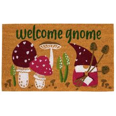 welcome gnome door mat with mushrooms and flowers