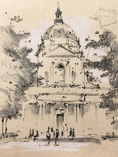 an ink drawing of a building with people walking around it and trees in the background