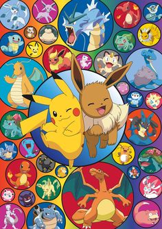 the pokemon movie poster with many different types of pikachu and other cartoon characters