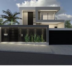 an architectural rendering of a modern house with palm trees in the front and on the side