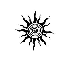 a black and white drawing of a sun with swirls on it's face