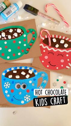 three paper bags with hot chocolate designs on them