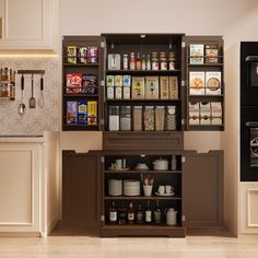 an open cabinet in the middle of a kitchen with lots of spices and condiments