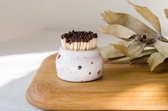 a toothbrush holder with chocolate sprinkles on it next to a plant