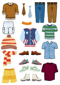 a paper doll's clothes and shoes are arranged in the shape of a man