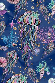 an ocean scene with jellyfish, starfish and other marine creatures on blue background