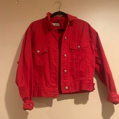 Really Cool Red Denim Jean Jacket. It Has Been Worn Once And Is Basically Brand New Red Winter Denim Jacket, Red Denim Jacket For Winter, Casual Red Denim Outerwear, Casual Red Long Sleeve Denim Jacket, Trendy Red Outerwear With Button Closure, Red Denim Jacket With Pockets, Red Cotton Denim Jacket For Streetwear, Red Casual Cropped Jacket With Long Sleeves, Red Cotton Button-up Outerwear