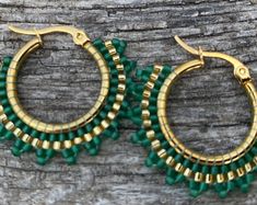 Green Hoop Earrings, Emerald Earrings, Elegant Beaded Hoop Earrings, Boho Hoop Earrings, Trendy Colorful Chunky Hoops, Earrings Gift - Etsy Nickel Free Green Small Hoop Beaded Earrings, Handmade Green Beaded Hoop Earrings, Nickel-free Small Hoop Green Beaded Earrings, Green Nickel-free Small Hoop Beaded Earrings, Small Hoop Earrings With Gold Beads As A Gift, Green Small Hoop Beaded Earrings With Tiny Beads, Green Tiny Beads Small Hoop Jewelry, Green Small Hoop Jewelry With Tiny Beads, Gold Small Hoop Beaded Earrings For Festival