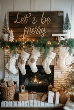 christmas stockings hanging from a mantel over a fireplace