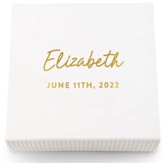 a white box with gold foil lettering on the front and bottom that says elizabeth june 11th, 202