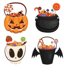 four different halloween items in buckets with candy, candies and jack - o'- lanterns