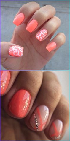 Summer coral nails are all about bright colors and designs in 2024. From neon pink to peach and turquoise, discover ideas that make every nail shape pop. Embrace short acrylic or gel designs, adding a splash of orange and red for the ultimate holiday flair. Yellow And Coral Nails, Orange Beachy Nails, Orange Nails Short, Nails Bright Colors, Peach And Turquoise, Swirl Nail