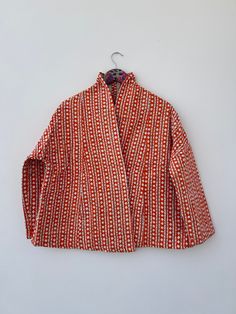 Reversible kantha quilted short kimono women's wear jacket gift for her Item details :- Color - Orange Measurement:- All Size M size Chest - 42 inches Length - 24 inches Sleeves - 16 inches L size Chest-44 inches Length- 26 inches Sleeves -17 inches XL size Chest - 46 inches Length - 26 inches Sleeves - 19 inches Handmade... For the very reason that each item has been handmade there is always an element of human error, whether it be a missed stitch or overlapping block print design. Yet for us t Handmade Jacket, Cotton Jackets Women, Mode Kimono, Kantha Jacket, Short Kimono, Women's Wear, Kantha Quilt, Cotton Jacket, Quilted Jacket