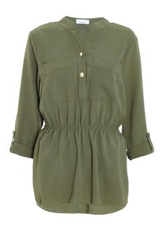 This blouse features a button-up design with a v neckline and 3/4 sleeves, complemented by an elasticated and ruched waist for a comfortable fit, ideal for casual or work wear. Khaki Blouse, Maternity Trousers, Midi Dress Fall, Feather Dress, Petite Tops, Coat Outfits, Button Up Blouse, Going Out Dresses, Petite Dresses