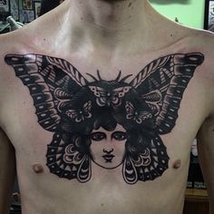 a man's chest with a butterfly tattoo on it, and a woman's face