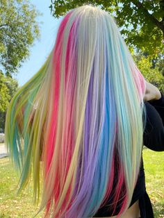 Platinum Blonde Hair With Rainbow Highlights, Straight Rainbow Hair, Rainbow Hair Styles, Rainbow Hair Highlights, Platinum Wig, Hidden Rainbow Hair, Platinum Wigs, Rainbow Highlights, Unicorn Hair Color