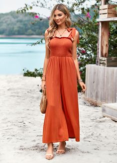 Demand attention in the Janice Rayon Pocketed Jumpsuit in rust red that features a relaxed fit and wide pants. Size Guide: Sophia is 5’6” tall, and has a 33.2” bust, 26.4” waist, & 35.2” hips. She is wearing a S / US 4 / AU 8. This jumpsuit is true to size. Material: 100% Viscose. Feature: Pocketed. Swen Hemline. Lightweight Fabrication. Shoulder Tie. Care Instructions: Machine wash / Cold hand wash Suspender Jumpsuit, Jumpsuit With Pockets, Waist Corset, Pocket Jumpsuit, Jumpsuit For Women, Solid Jumpsuit, Weave Style, Pantalon Large, Wide Pants