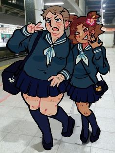 two anime characters are posing for the camera