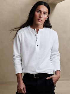 Blurring the boundary between casual and luxury, this immaculate henley t-shirt is made from our customer-favorite Double-Knit jersey--a soft fabric that's heavier that's in between t-shirt and sweatshirt n weight--the perfect companion for cool weat White Crew Neck Henley For Everyday, Classic Relaxed Fit Henley For Everyday, Fall Henley With Relaxed Fit And Henley Neckline, White Henley For Fall, White Cotton Henley For Fall, White Henley Top For Fall, White Henley Neckline Top For Fall, Relaxed Fit Crew Neck Henley For Layering, White Relaxed Fit Cotton Henley