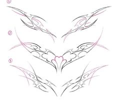 the steps to draw an intricate heart with wings and hearts on each side, as well as