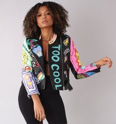 For Her NYC 81765 1 Piece Too Cool Graffiti Leather Jacket Color: Black Multi Sizes: S, M, L, XL, 1X, 2X Spring Streetwear Black Leather Jacket, Trendy Black Leather Jacket For Streetwear, Spring Black Streetwear Outerwear, Black Spring Biker Jacket For Streetwear, Black Spring Outerwear For Streetwear, Casual Multicolor Biker Jacket For Spring, Black Biker Jacket For Spring Streetwear, Multicolor Long Sleeve Biker Jacket For Streetwear, Multicolor Biker Jacket For Streetwear In Fall