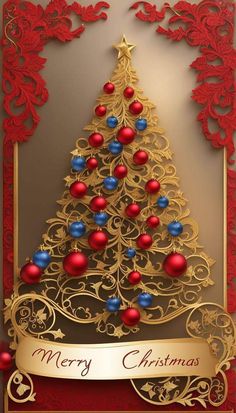 a christmas tree with red, white and blue ornaments on it's side in front of an ornate gold frame