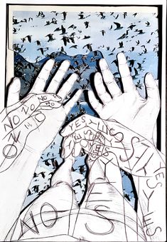 two hands reaching up into the air with birds flying around them and writing on their fingers