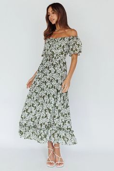 Shop the Voyager Off-Shoulder Bell Sleeve Midi Dress Floral Green | Selfie Leslie Green Floral Midi Dress, Midi Dress Floral, Yellow Bridesmaids, Off Shoulder Fashion, Iron Material, Date Night Dresses, Mini Dress Casual, Sleeve Midi Dress, Midi Dress With Sleeves