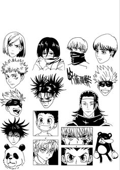 some black and white anime characters with different hair styles, including one man's face