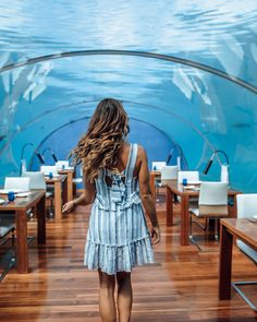 a woman walking down a wooden floor in front of a fish tank with dolphins on the wall