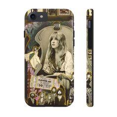 a cell phone case with an image of a woman in the background and other pictures on it